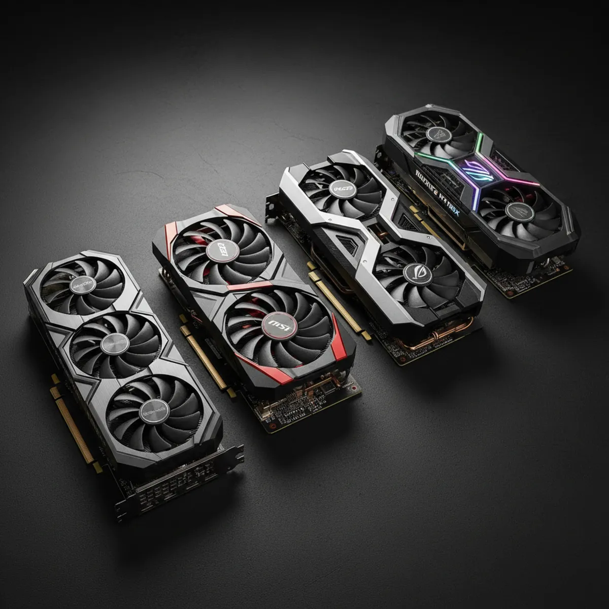 Comparatif cartes graphiques NVIDIA RTX 5000 AMD RX 8000 alignées sur table budget gaming 2026