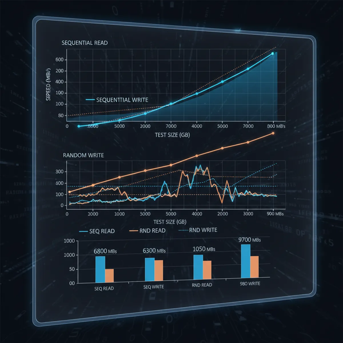 Graphique benchmarks CrystalDiskMark Samsung 990 EVO Plus 2 To débits lecture écriture séquentiel aléatoire