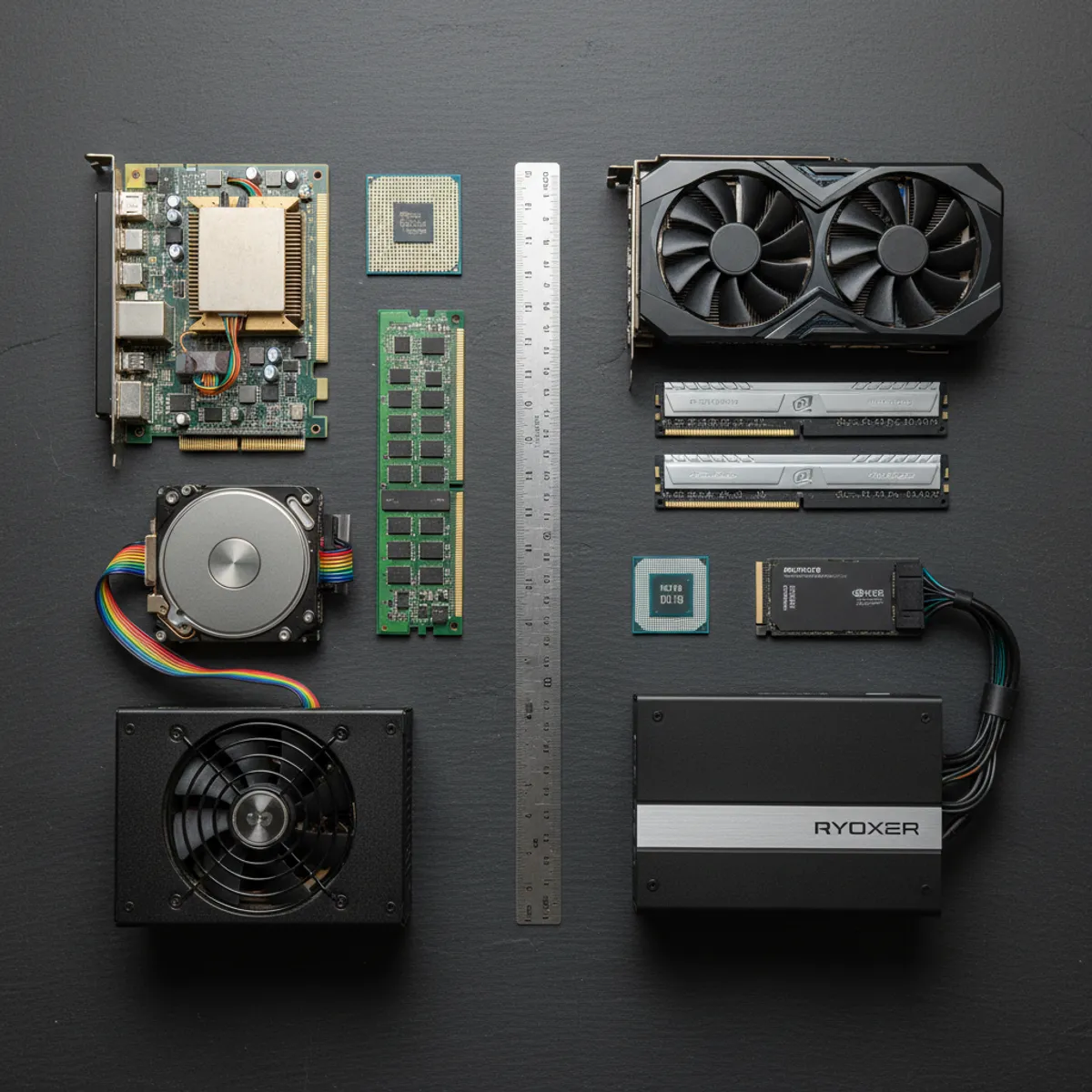 Upgrade PC ancien composants carte graphique SSD NVMe RAM DDR4 sur bureau de travail