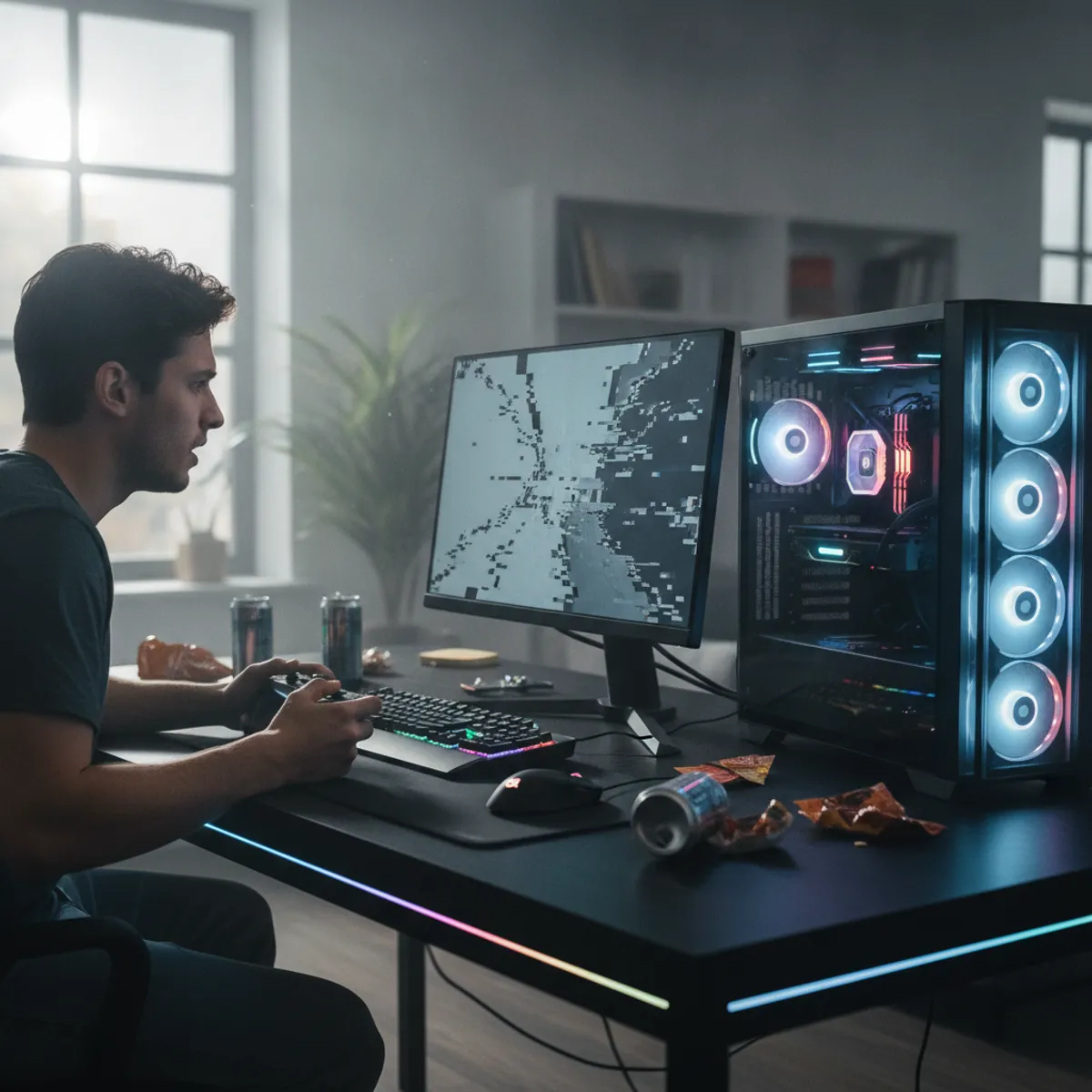 Joueur frustré devant un PC gaming qui rame avec des saccades à l'écran
